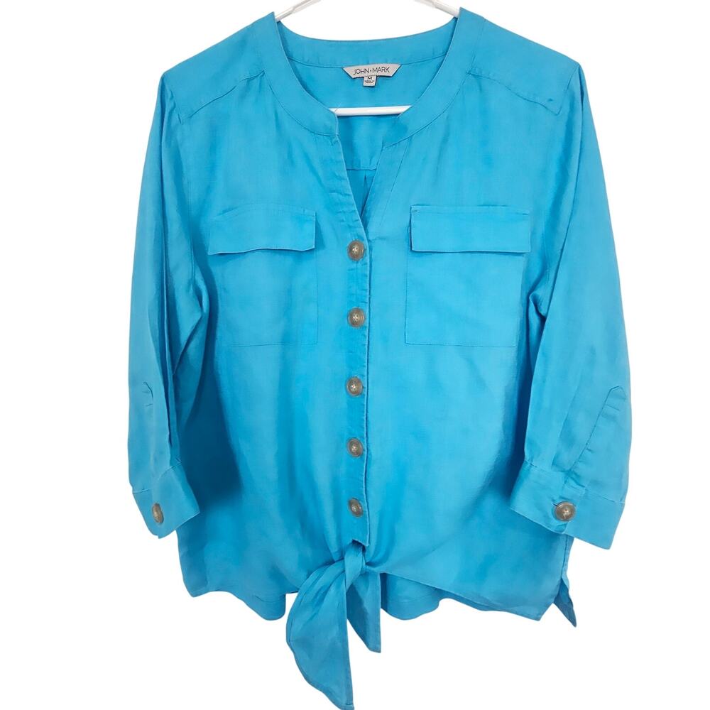 John Mark Womens Linen Top Size M Coastal Grandma Resortwear Button Front Tie